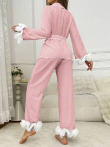 SHEIN 女士网纱拼接上衣和裤子休闲家居服套装 - 粉色 - 查看 2