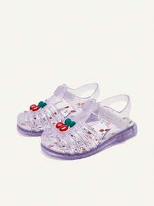 Cozy Pixies Sandálias infantis modernas, versáteis, fofas e divertidas, com estampa de cereja, transparentes, roxas, macias e confortáveis, com cristais xadrez, para praia e estilo campestre. - Roxa - Ver 3