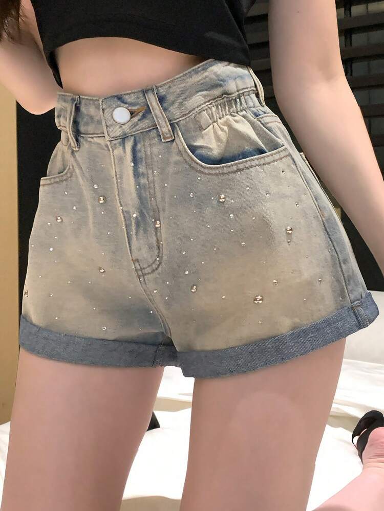 Vintage Washed Shiny Blue Music Festival Valentine's Day Casual Street Outdoor Denim Shorts For Women, Spring & Summer
