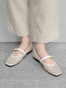 CUCCOO BIZCHIC Spring And Summer Beige Laser Hollow Square Toe Word Belt Comfortable Soft Simple Commuter Women's Flat Shoes - Chantilly - View 4