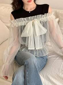 FRIFUL Women's Solid Color Sheer Mesh Fabric 2 In 1 Bowknot Frill Trim Sleeve Fitted Casual Versatile Two Pieces Set - Beige - View 3