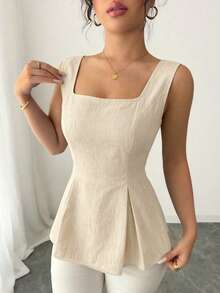 Elenzga Áo sơ mi không tay cổ vuông kẻ sọc thắt eo mùa hè 2025 Niche - Màu be - Xem 2