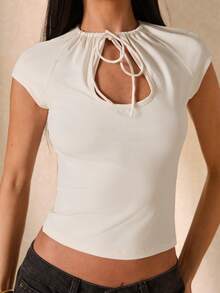 SHEIN BAE Women's Off-White Elegant Hollow Out Ruched Tight Fitting Blouse,Summer Casual Vacation Fashionable Outdoor Work Brunch Basic Essential Daily Top - White - View 6