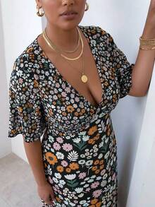 ELLERISSA 大码 V 领优雅碎花印花中长连衣裙，夏季短袖连衣裙，婚礼宾客装扮，修身度假连衣裙，波西米亚风印花连衣裙 - 彩色 - 查看 3