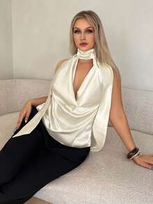 Auralis Top polyvalent et décontracté pour port quotidien, couleur unie, style licou, tailles grandes - Nude - Voir 5
