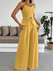 Breezaya Set de 2 piezas con camiseta de tirantes de color liso y pantalones de pierna ancha de lino - Amarillo - Ver 3