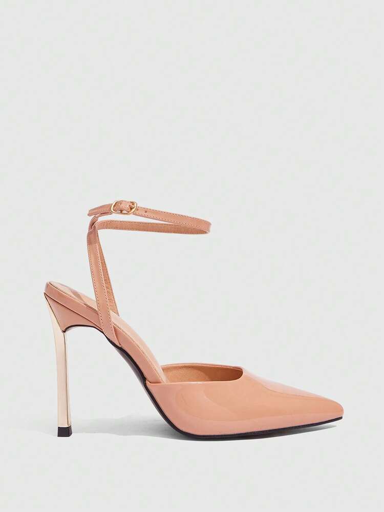 CUCCOO SZL Women Shoes Women's Pointed Stiletto Metal Heel Apricot Back Ankle Strap Temperament Elegant Fashion Sexy Women's High Heels Empty Shoes Suitable For Parties, Parties, Banquets And Other Occasions Women's Shoes