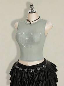 SHEIN ICON 加大码 Y2k 夏季黑色网纱透视性感水钻亮片女士水钻字母网纱露背紧身吊带背心 - 灰色 - 查看 5