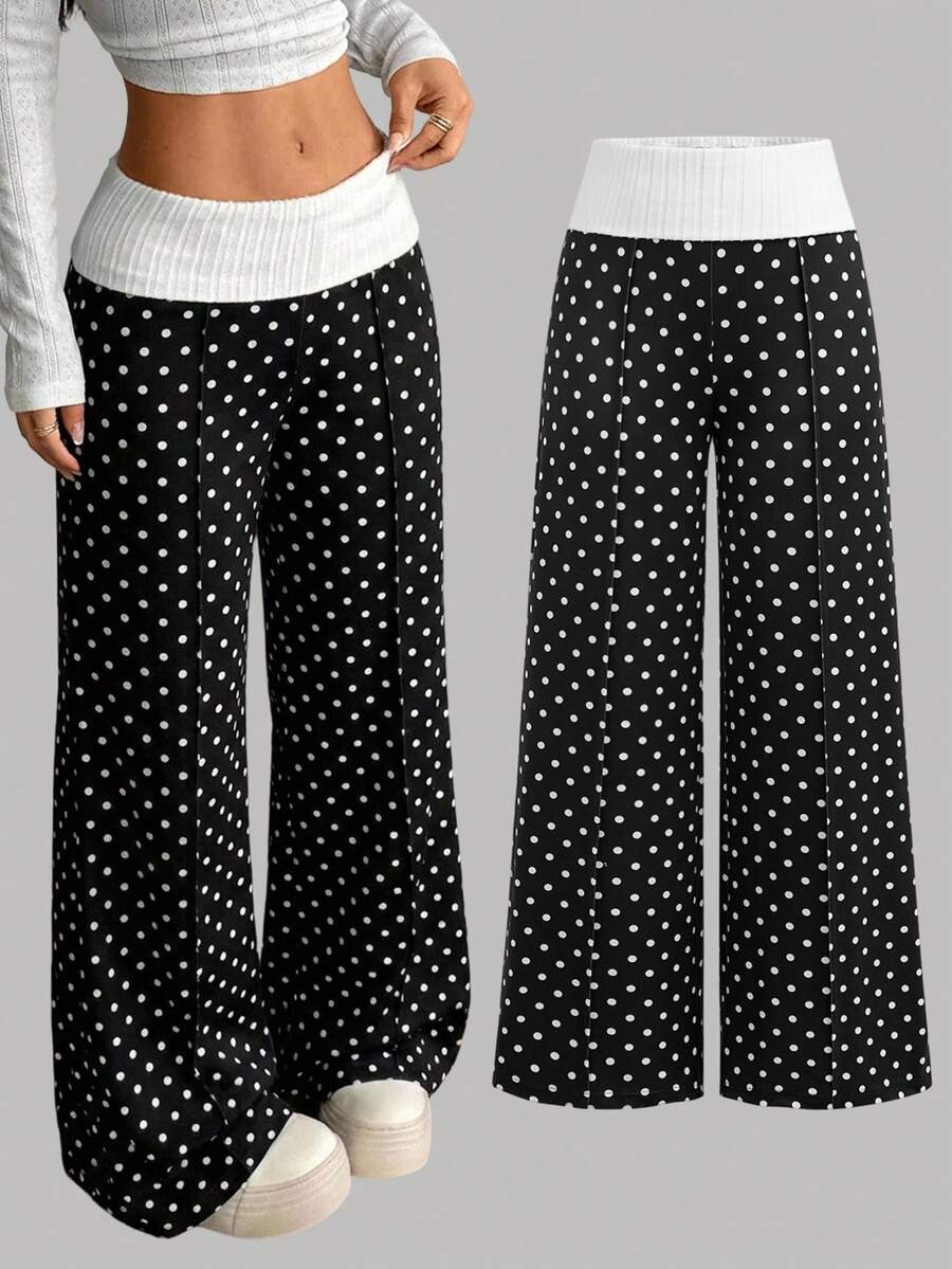 SHEIN Girlism Áo lót nữ tuổi teen phong cách retro hàng ngày, quần dài dệt kim gân màu đen ống rộng chấm bi Pháp đen trắng, quần ống loe rộng, quần thể thao chấm bi, quần thể thao ống loe, quần thể thao dễ thương, quần thể thao nữ tuổi teen. - Đen và trắng - Xem 1