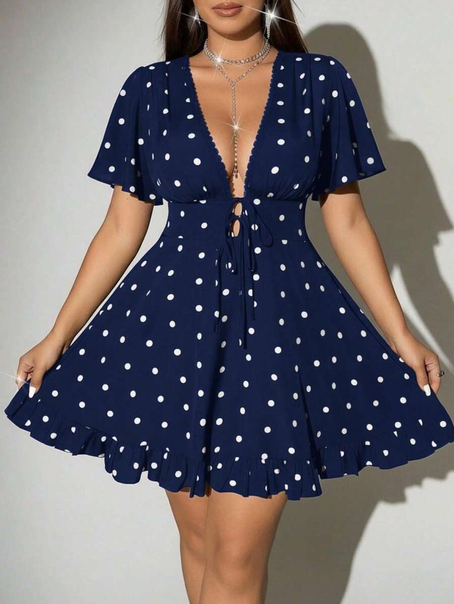 Viva Relle Plus Size Polka Dot Sexy Bow Tie Dress - Navy Blue - View 1