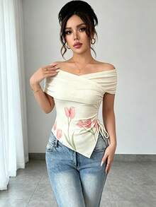 SHEIN Raffinéa Áo croptop trễ vai có dây rút in họa tiết hoa tulip, áo thun ôm dáng bất đối xứng dành cho nữ, mùa hè. - Màu be - Xem 4