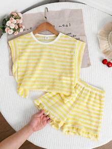 SHEIN Young Girls Round Neck Ruffle Trim Casual Striped Summer T-Shirt Set - Yellow - View 2