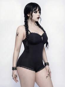 Goth Áo tắm liền thân cỡ lớn dành cho nữ, đồ bơi mùa hè gợi cảm với viền ren. - màu đen - Xem 6