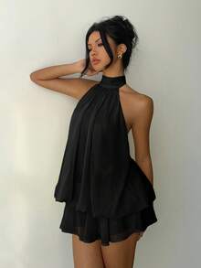 SHEIN Tall CURVE 大码性感纯色露背吊带迷你连衣裙，夏季 - 黑色 - 查看 5