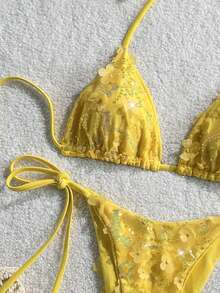 Costavie Swim MOD 2-Piece Floral Sequin Textured Halter Bikini Set, Blue, For Spring/Summer Beach Vacation - Yellow - View 5