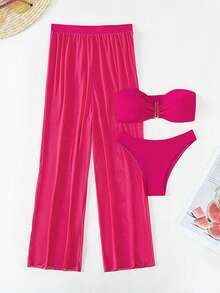 Swim SXY Bộ 3 món màu hồng cánh sen mới, áo quây, quần tam giác và quần lưới đi biển, đồ bơi gợi cảm, thoải mái, thích hợp cho kỳ nghỉ, tiệc tùng và đi biển dành cho nữ. - Màu Hồng Tươi - Xem 3