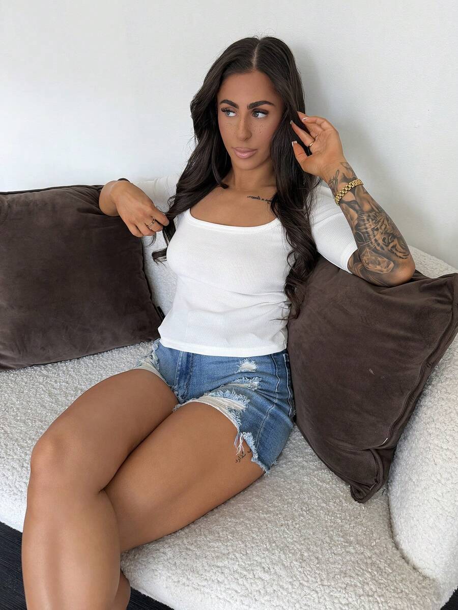 SAYEHFBABY 女士夏季方领修身罗纹休闲短袖T恤 - 白色 - 查看 1