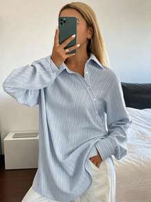 DAZY 女款寬鬆條紋襯衫，翻領長袖 - 藍色 - 查看 2