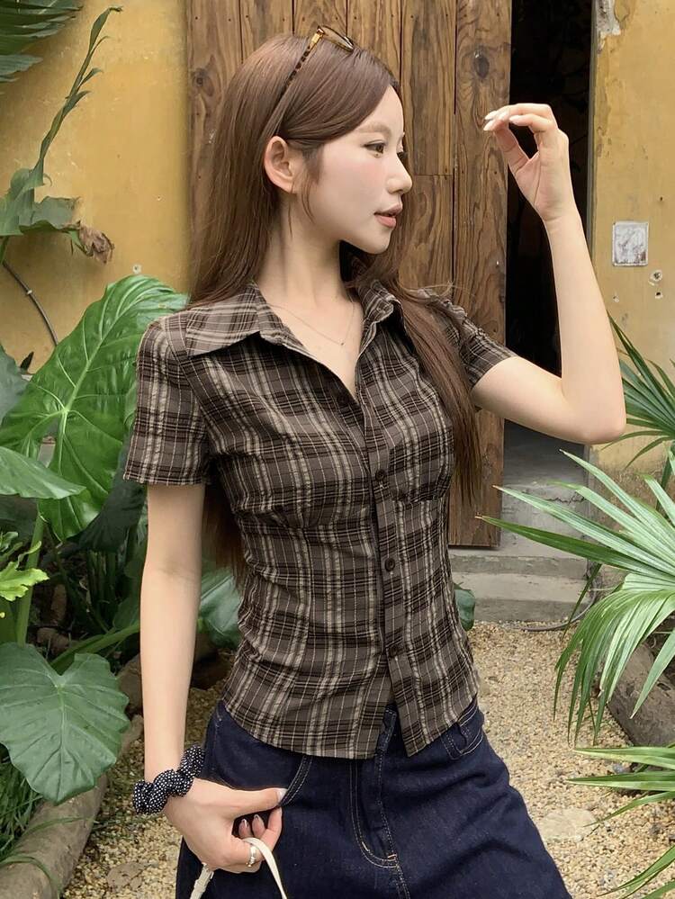 Solid Color Collared Fitted Short Sleeve White Blouse For Women