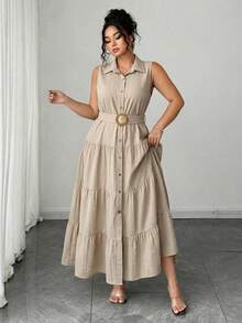 Elenzga Plus Size Women's Solid Color Casual Commuter Front Single-Breasted Button Sleeveless Shirt Dress, Pleated Dress, Summer - Apricot - View 4