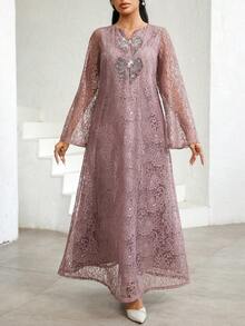 Al Najma Damen Kleid mit Strass-Schleife, Glockenärmeln, Spitze und elegantem arabischem Stil - Pink - Übersicht 7