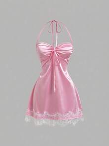 Sweetra Đầm ngắn nữ màu hồng kiểu Pháp lãng mạn, chất liệu satin, cổ chữ V, viền ren, dây mảnh, thích hợp cho mùa xuân/hè. - Hồng - Xem 1