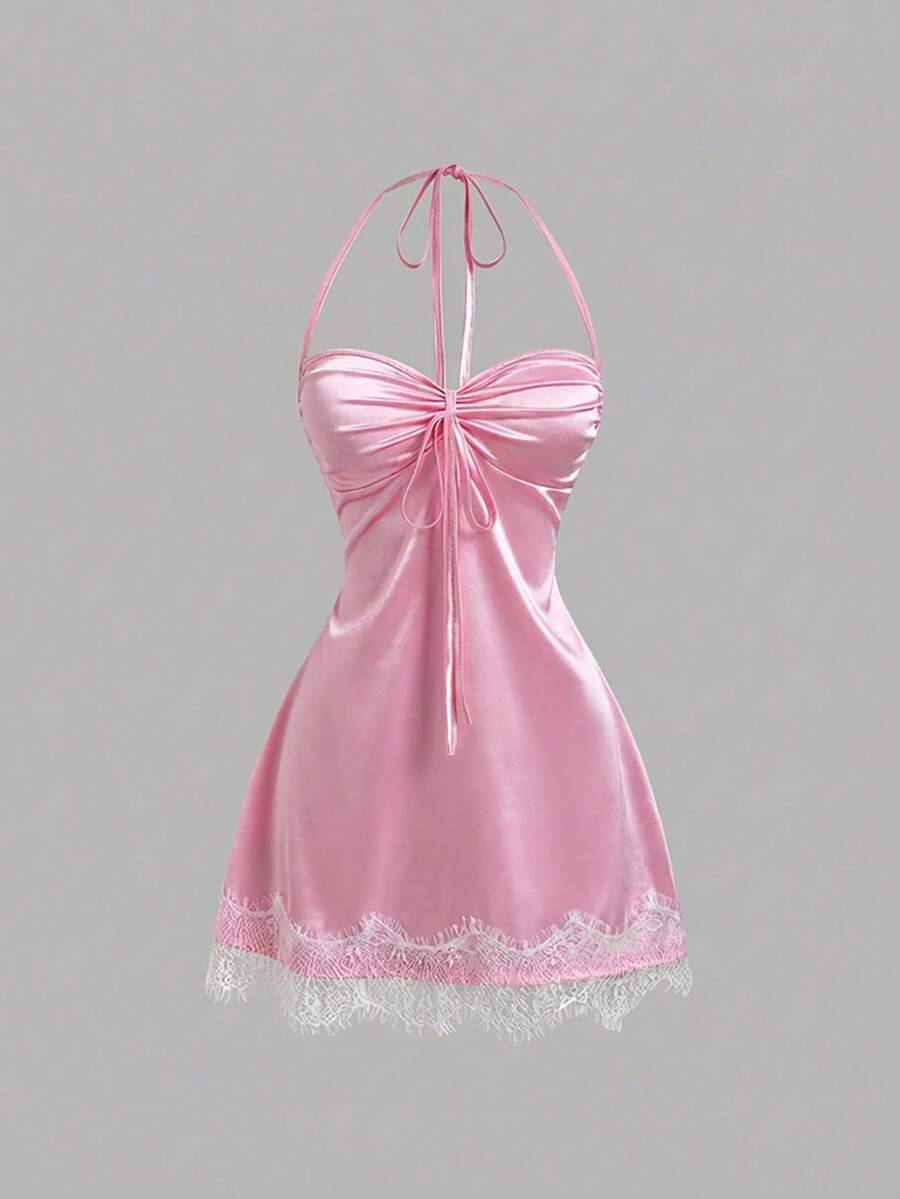 Sweetra Đầm ngắn nữ màu hồng kiểu Pháp lãng mạn, chất liệu satin, cổ chữ V, viền ren, dây mảnh, thích hợp cho mùa xuân/hè. - Hồng - Xem 1