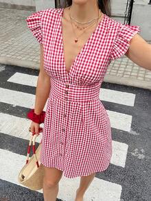 Frenchy Vestido casual de vacaciones para mujer con mangas de volantes y botones delanteros de unicolor, vestidos de verano para mujer, vestido de té de vacaciones - Rojo - Ver 4