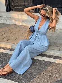 Serisse Bộ đồ denim nữ mùa hè kiểu dáng thường ngày gồm áo tank top buộc dây phía trước, viền bèo nhún và quần jeans. - Rửa nhẹ - Xem 6
