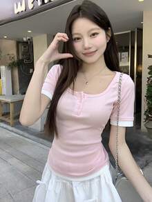 DAZY 女士圆领拼接休闲 T 恤 夏季 - 淺粉色 - 查看 6