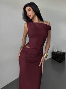 Firerie Đầm bó vai lệch vai nhún bèo gợi cảm, thời trang tối giản thanh lịch dành cho nữ, đi chơi ngoài trời, đi nghỉ, lễ hội âm nhạc, màu mơ - Màu Đỏ Sâu - Xem 4