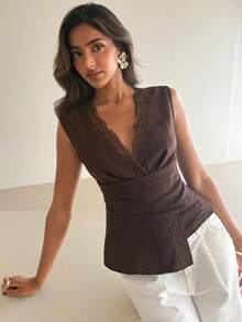 Aloruh New Minimalist Fashion Commuter Lace Patchwork Waist Ruched Asymmetric V-Neck Pullover Blouse - Brown - View 5