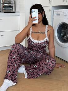 ZzzCrew Leopard & Butterfly Print Contrast Color Lace Camisole & Pants Sleepwear Set, Plus Size - Multicolor - View 3