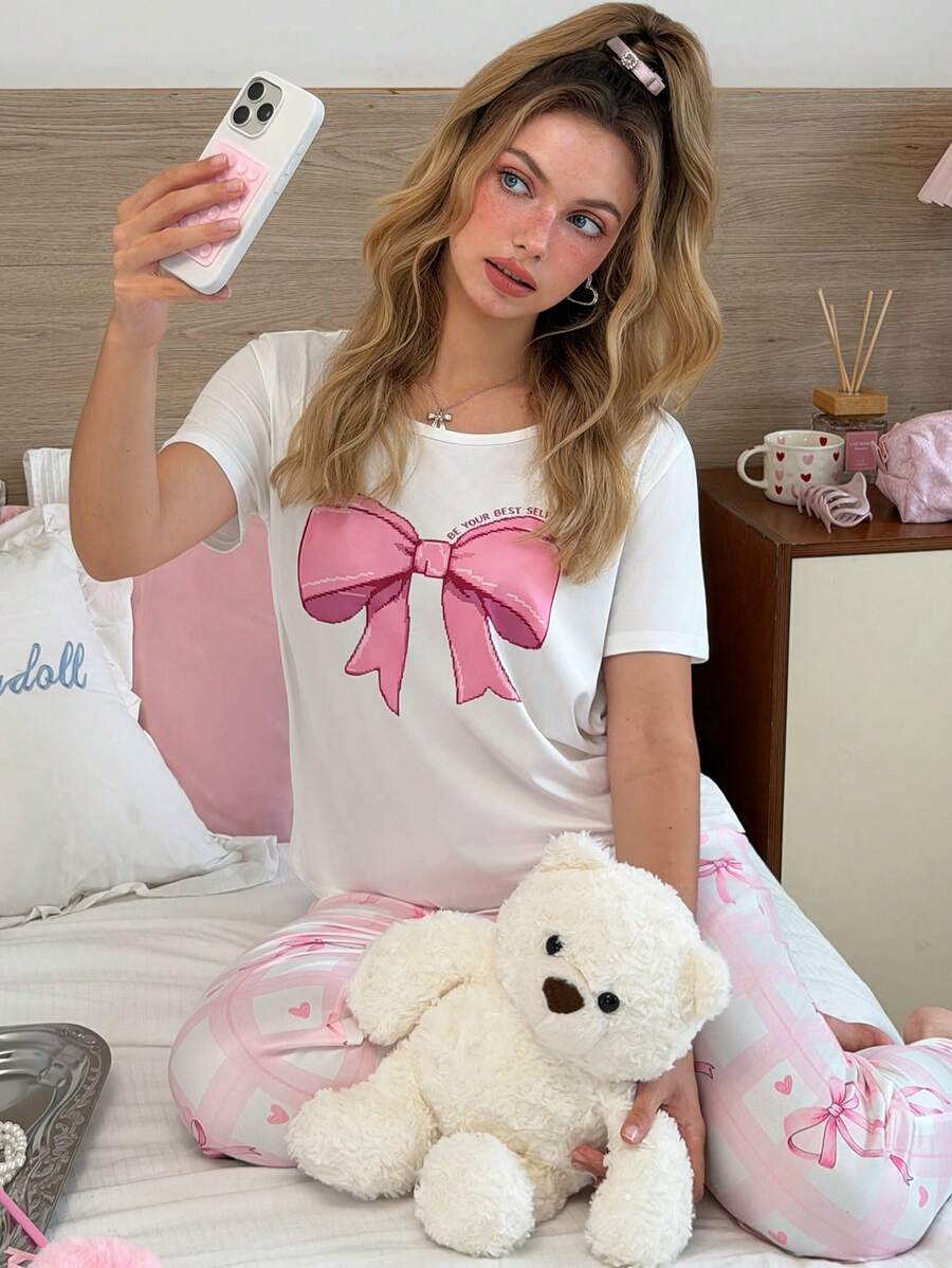 SweetSlumber Women's Sweet Cute Bow Plaid Print Round Neck Short Sleeve Pajama Set - Multicolor - View 1