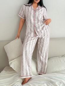 Napfluff CURVE Napfluff CURVE Loose Fit Slimming Vertical Striped & Ditsy Floral Lapel Sleepwear Set, Plus Size - Coral Pink - View 3