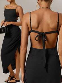 Forever 21 Vestido maxi para vacaciones en la playa de primavera, de tirantes finos, sin espalda y con abertura, en color negro, para mujer - Negro - Ver 1