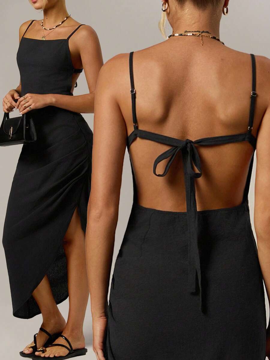 Forever 21 Vestido maxi para vacaciones en la playa de primavera, de tirantes finos, sin espalda y con abertura, en color negro, para mujer - Negro - Ver 1