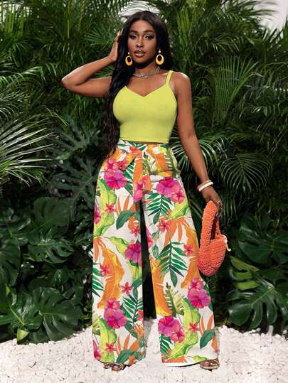 Slaydiva 春夏新款背心和经典高腰阔腿休闲裤两件套，配系带腰带/度假/旅行/音乐节/西部风/游牧风/邮轮旅行/海滩/日光浴/时尚达人风/热带印花