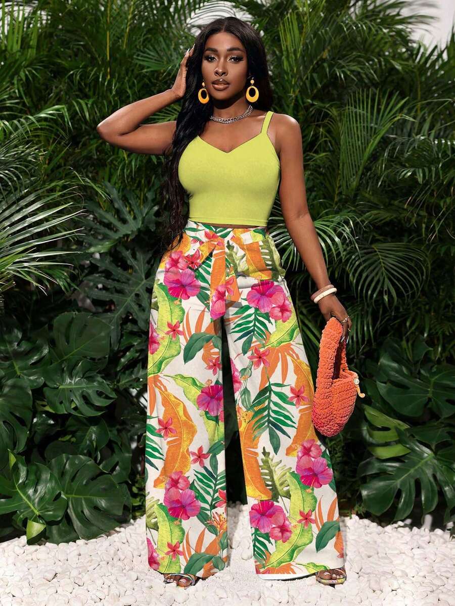 Slaydiva 春夏新款背心和经典高腰阔腿休闲裤两件套，配系带腰带/度假/旅行/音乐节/西部风/游牧风/邮轮旅行/海滩/日光浴/时尚达人风/热带印花 - 彩色 - 查看 1