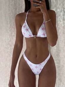 Swim Mod Bộ bikini nữ màu trắng, cổ buộc dây, họa tiết sao biển hồng, cúp ngực tam giác, thích hợp cho kỳ nghỉ hè ở bãi biển. - Hồng - Xem 4