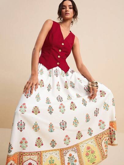 LOTSLUV Bộ đồ 2 mảnh dành cho nữ: Áo ba lỗ không tay màu đỏ và chân váy dài in họa tiết, thích hợp cho mùa xuân/hè.