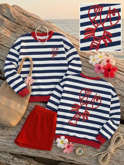 SHEIN EZwear Women's Casual Striped Lobster Print Relaxed Graphic Crew Neck Long Sleeve Sweatshirt, Suitable For Vacation And Summer