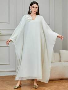 Al Najma Women's Chiffon Poncho With 3D Floral Decor, V-Neck, Loose And Slimming Long Cardigan - Beige - View 3