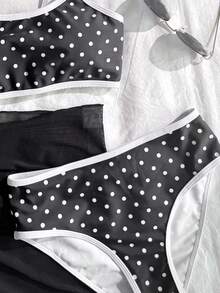 SHEIN Tween Girl Summer Vacation Beach Polka Dot Print Trim Spaghetti Strap Bikini Set - Black - View 7