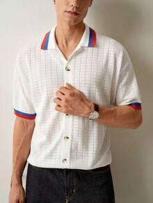 RONVEXI Áo thun nam tay ngắn cài một hàng khuy, họa tiết chữ cái và hình học. - Nhiều màu - Xem 3