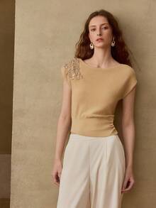 MOTF PREMIUM FAUX PEARL DETAIL ROUND NECK KNIT TOP - Camel - View 3