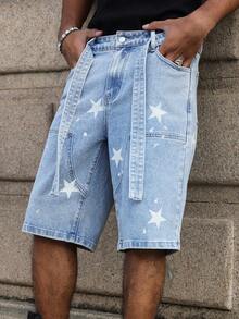 Manfinity EMRG Quần short denim nam màu xanh dương, kiểu dáng thường ngày, in họa tiết và có miếng vá. - Rửa nhẹ - Xem 5