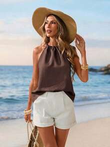 Sylviya Áo tank top cổ yếm màu xanh bơ dáng casual dành cho nữ, thích hợp cho kỳ nghỉ. - màu nâu - Xem 2
