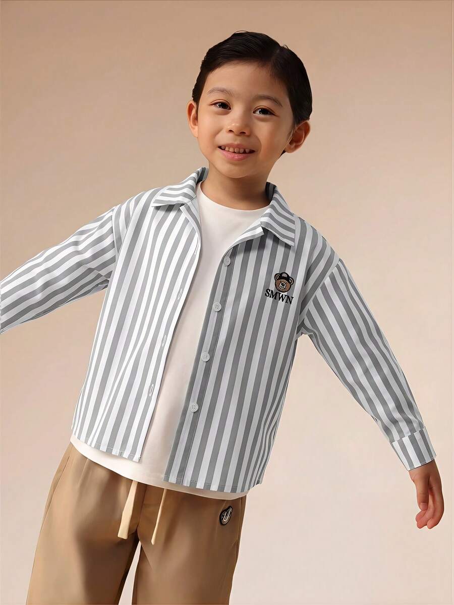 SUMWON 男童长袖熊徽章条纹纽扣衬衫,休闲校服日常穿着 - 灰色 - 查看 1