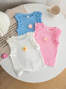 Emery Rose Kids 3pcs Young Girl Knitted Solid Color 3D Floral Ruffle Trim Casual Vest Set - Multicolor - View 4